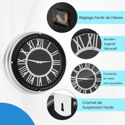 Horloge Murale Silencieuse De 45 Cm, Grande Horloge Ronde Pour Chambre Bureau Salon, Noir+argent