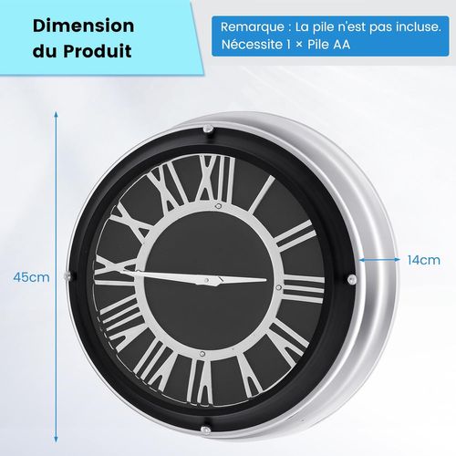 Horloge Murale Silencieuse De 45 Cm, Grande Horloge Ronde Pour Chambre Bureau Salon, Noir+argent