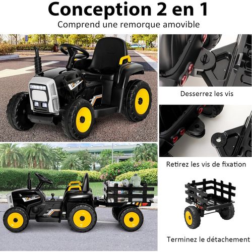 Tracteur avec Remorque Electrique pour Enfants 12 V avec Télécommande 2,4G - 3 Vitesses (Noir