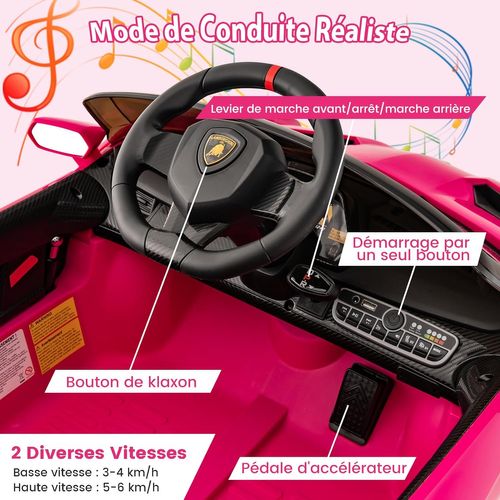 LALAHO – Voiture électrique Lamborghini 12V – Télécommande 2.4G, Effets Sonores, Lumières – Rose – Dès 3 Ans