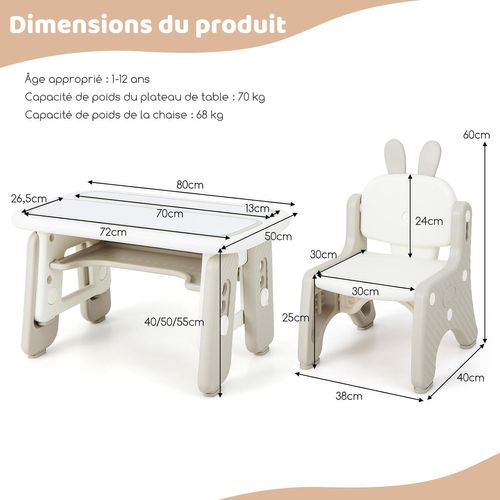 Table Enfants Avec Chaise En Forme Lapin Et 3 Hauteurs Réglable,charge 68kg Pour Enfants De 1-12 Ans