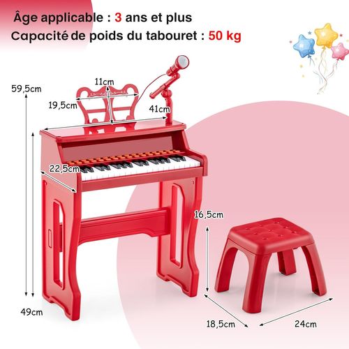Piano Numérique à 37 Touches Enfants Avec Tabouret Et Microphone Réglable, Charge 50kg(rose)