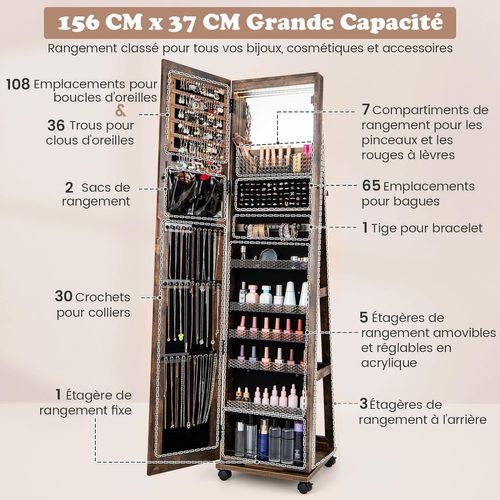 Armoire à Bijoux 3 En 1 Pour Enfants Avec Miroir Pleine Longueur - Bois, Motif Couronne Rose/blanc - Anti-basculement, Nombreux Rangements