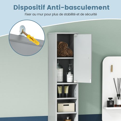 Meuble De Rangement Salle De Bain, Meuble Colonne Avec 2 Placards à Porte,20 X 20 X 180 Cm, Gris