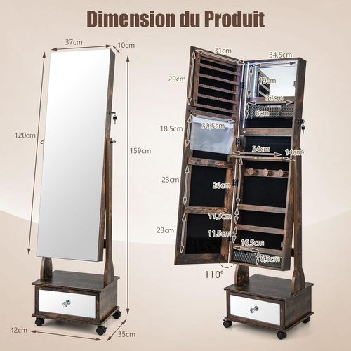 Armoire à Bijoux COSTWAY 3 En 1 | Avec Miroir Psyché, LED Et Roulettes - Blanc - 163cm