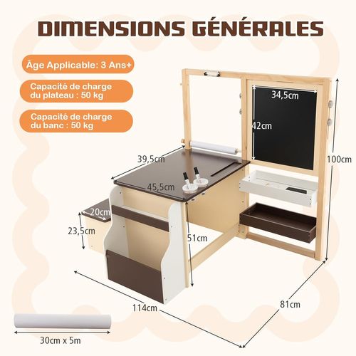 2 En 1 Bureau Enfants En Bois Avec Banc Et Etagères, Tableau Enfant Double Face Réglable (café)