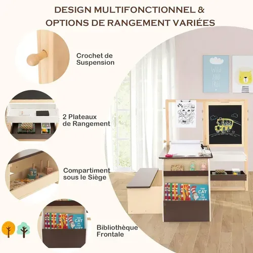 2 En 1 Bureau Enfants En Bois Avec Banc Et Etagères, Tableau Enfant Double Face Réglable (café)