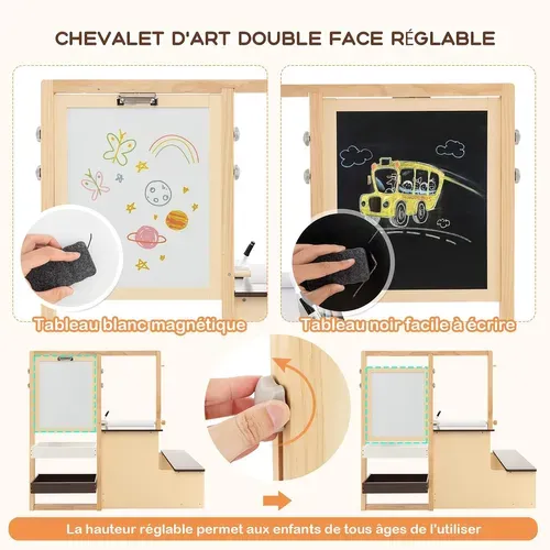 2 En 1 Bureau Enfants En Bois Avec Banc Et Etagères, Tableau Enfant Double Face Réglable (café)