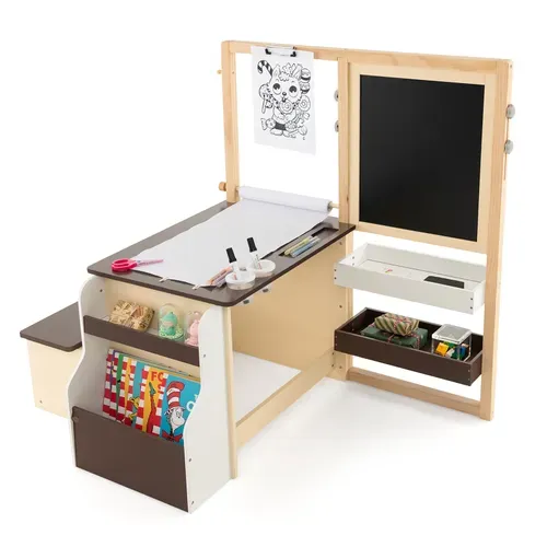2 En 1 Bureau Enfants En Bois Avec Banc Et Etagères, Tableau Enfant Double Face Réglable (café)