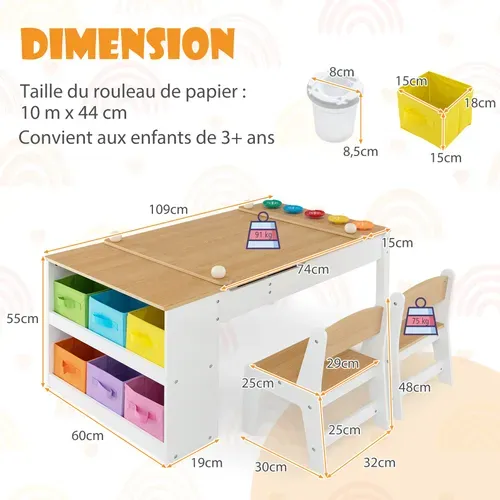 2 En 1 Table à Dessin Et 2 Chaises Enfants Avec Plateau Inclinable,table D'activité En Bois，naturel
