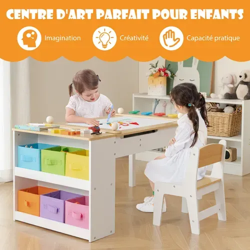 2 En 1 Table à Dessin Et 2 Chaises Enfants Avec Plateau Inclinable,table D'activité En Bois，naturel