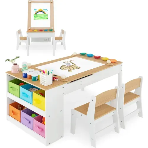2 En 1 Table à Dessin Et 2 Chaises Enfants Avec Plateau Inclinable,table D'activité En Bois，naturel