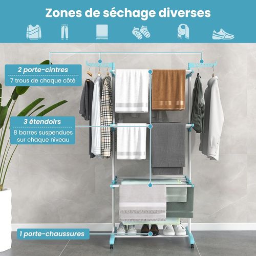 Sechoir à Linge Pliable 3 Niveaux, Étendoir Linge à Roulettes En Métal, Porte-chaussures