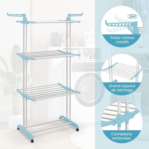 Sechoir à Linge Pliable 3 Niveaux, Étendoir Linge à Roulettes En Métal, Porte-chaussures