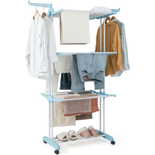 Sechoir à Linge Pliable 3 Niveaux, Étendoir Linge à Roulettes En Métal, Porte-chaussures