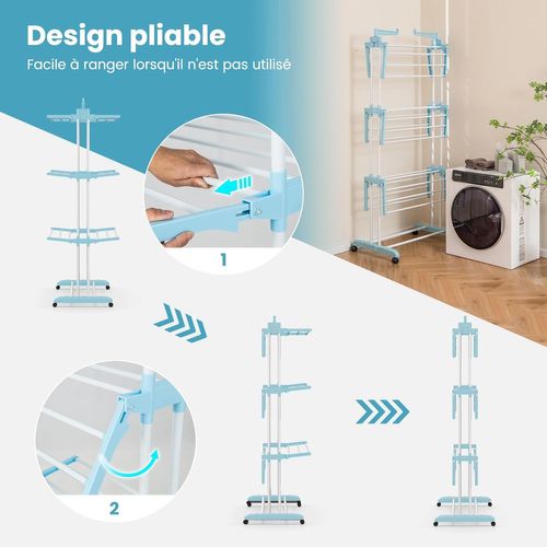 Sechoir à Linge Pliable 3 Niveaux, Étendoir Linge à Roulettes En Métal, Porte-chaussures