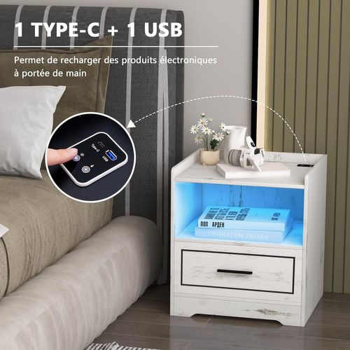 Table De Chevet LED Avec 1 Port USB Et 1 Port Type-c,capteur Intelligent, 45 X 40 X 50 Cm(2, Blanc)