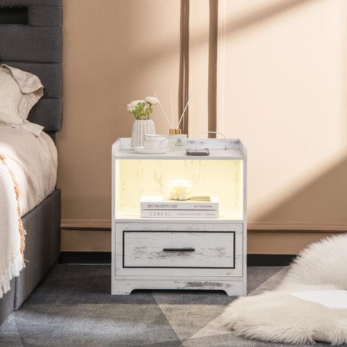 Table De Chevet LED Avec 1 Port USB Et 1 Port Type-c,capteur Intelligent, 45 X 40 X 50 Cm(2, Blanc)