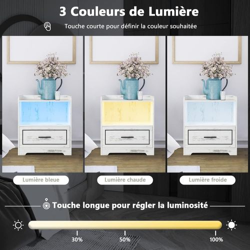 Table De Chevet LED Avec 1 Port USB Et 1 Port Type-c,capteur Intelligent, 45 X 40 X 50 Cm(2, Blanc)