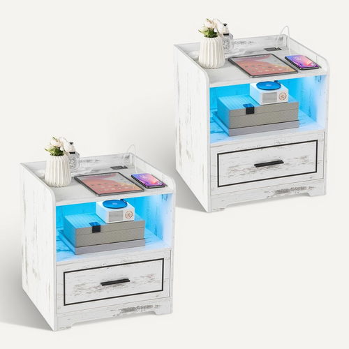 Table De Chevet LED Avec 1 Port USB Et 1 Port Type-c,capteur Intelligent, 45 X 40 X 50 Cm(2, Blanc)