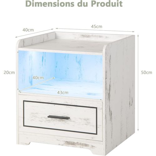 Table De Chevet LED Avec 1 Port USB Et 1 Port Type-c,capteur Intelligent, 45 X 40 X 50 Cm(2, Blanc)