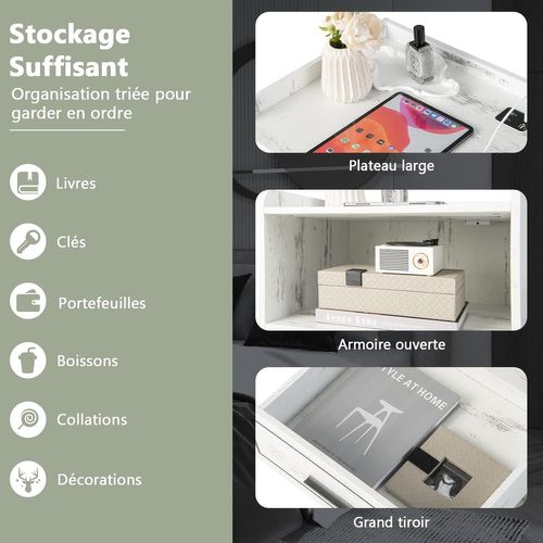 Table De Chevet LED Avec 1 Port USB Et 1 Port Type-c,capteur Intelligent, 45 X 40 X 50 Cm(2, Blanc)