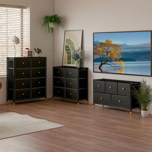 Commode Chambre, Commode Chambre Adulte 8 Tiroirs En Cuir Et Tissu Pliable, Noir (8 Tiroirs)