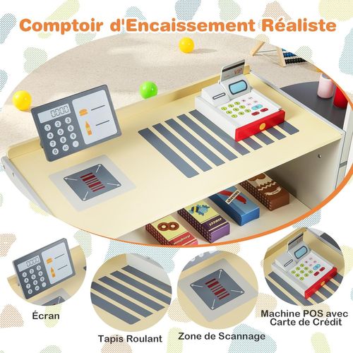 Épicerie En Bois Pour Enfants – 13 Accessoires, Caisse Enregistreuse, Distributeur, 5 étagères – Jeu D'imitation 3-8 Ans
