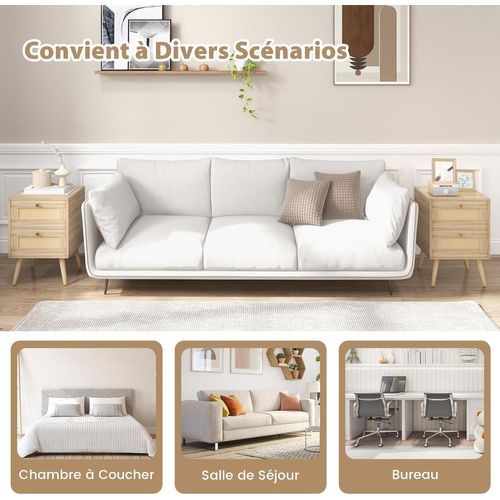 Table De Chevet En Rotin, Table De Nuit Bois Avec 2 Tiroirs Et 4 Pieds En Pin,40 X 40 X 59 Cm