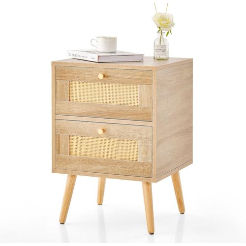 Table De Chevet En Rotin, Table De Nuit Bois Avec 2 Tiroirs Et 4 Pieds En Pin,40 X 40 X 59 Cm
