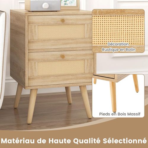 Table De Chevet En Rotin, Table De Nuit Bois Avec 2 Tiroirs Et 4 Pieds En Pin,40 X 40 X 59 Cm