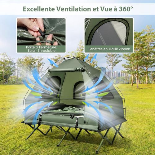 Tente De Camping Surélevée Avec Lit Pour 1 Personne, Lit De Camping Imperméable Pliant 5 En 1