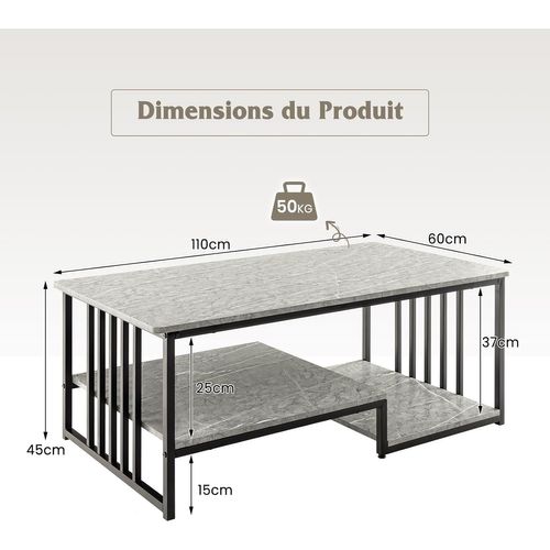 Table Basse Marbre, Table Basse Salon Rectangulaire Avec 2 Étagères, Cadre ， 110 X 60 X 45 Cm