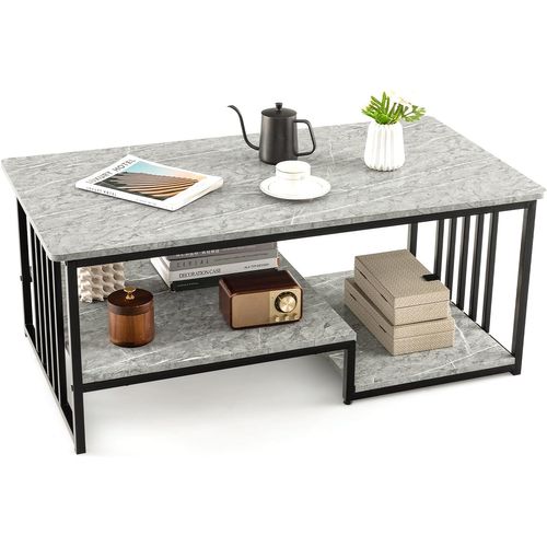 Table Basse Marbre, Table Basse Salon Rectangulaire Avec 2 Étagères, Cadre ， 110 X 60 X 45 Cm