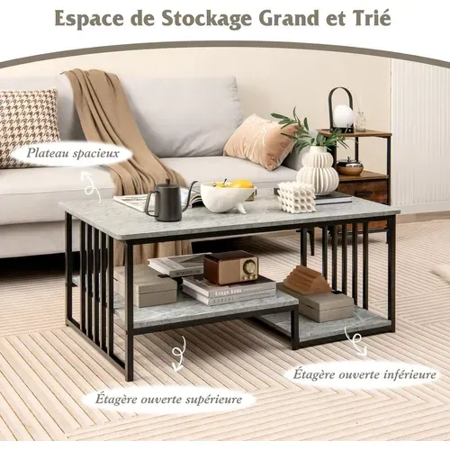 Table Basse Marbre, Table Basse Salon Rectangulaire Avec 2 Étagères, Cadre ， 110 X 60 X 45 Cm