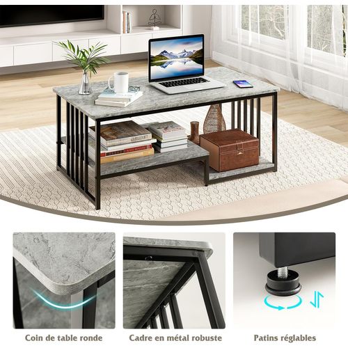 Table Basse Marbre, Table Basse Salon Rectangulaire Avec 2 Étagères, Cadre ， 110 X 60 X 45 Cm