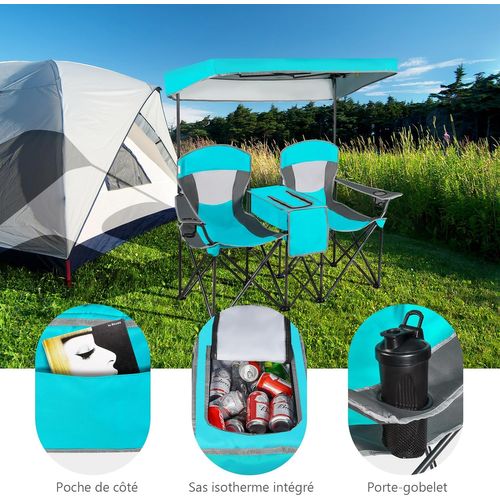 Chaise De Camping 2 Places Avec Parasol Réglable – COSTWAY – Pliante, Glacière Intégrée, Charge 120kg/siège – Bleu - 4