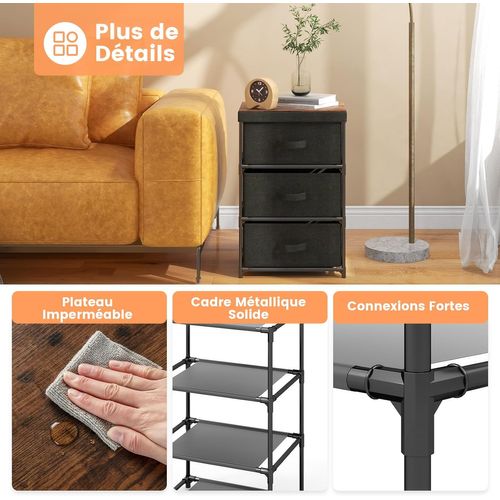 Commode 3 Tiroirs En Tissu, Commode Chambre Adulte Avec Cadre En Métal, Industriel,20x48x76cm(noir)