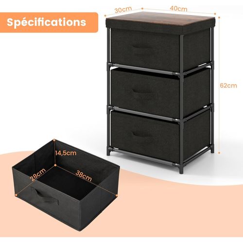 Commode 3 Tiroirs En Tissu, Commode Chambre Adulte Avec Cadre En Métal, Industriel,20x48x76cm(noir)