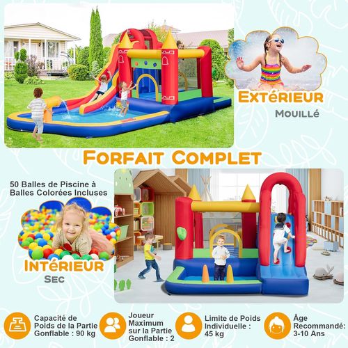 Château Gonflable 9 En 1 COSTWAY – Toboggan, Piscine, Mur D’escalade, Panier Basket Et Canons à Eau – Pour 3-4 Enfants (3-10 Ans)