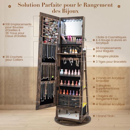 Armoire à Bijoux, Organisateur De Bijoux Debout Avec Miroir Pleine Longueur 4 Angles Inclinables Reglables 5 Etageres Et 2 Tiroirs Blanc 96511894