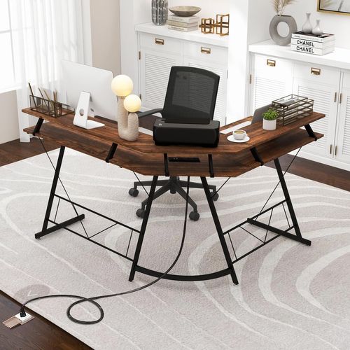 Bureau D'angle 130 X 130 Cm, Bureau D'ordinateur En Forme De L Avec Long Support (marron Rustique)