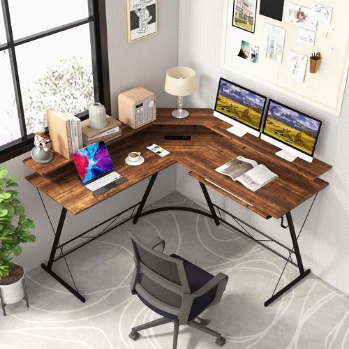 Bureau D'angle 130 X 130 Cm, Bureau D'ordinateur En Forme De L Avec Long Support (marron Rustique)