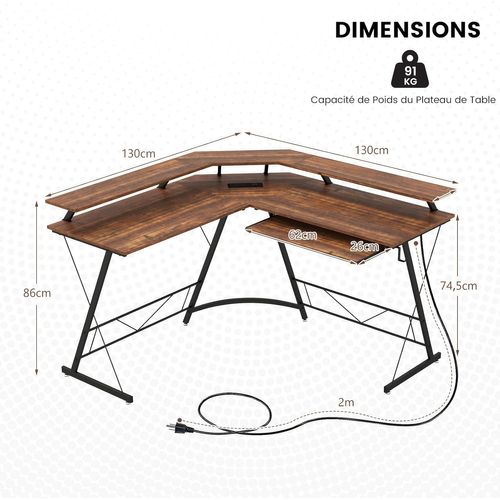Bureau D'angle 130 X 130 Cm, Bureau D'ordinateur En Forme De L Avec Long Support (marron Rustique)