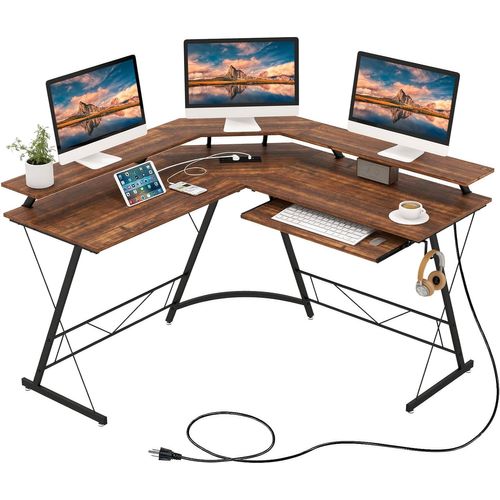 Bureau D'angle 130 X 130 Cm, Bureau D'ordinateur En Forme De L Avec Long Support (marron Rustique)