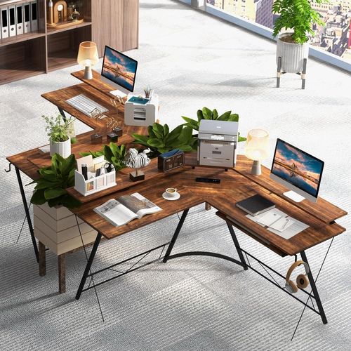 Bureau D'angle 130 X 130 Cm, Bureau D'ordinateur En Forme De L Avec Long Support (marron Rustique)