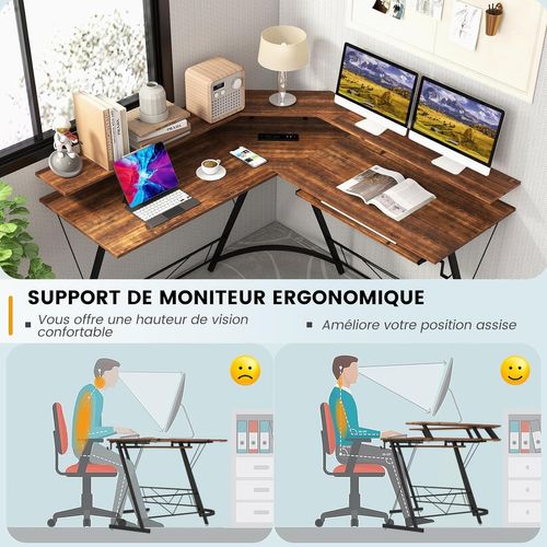 Bureau D'angle 130 X 130 Cm, Bureau D'ordinateur En Forme De L Avec Long Support (marron Rustique)