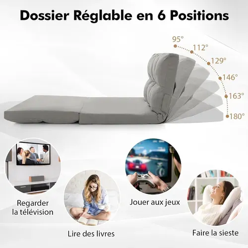 Canapé-lit Paresseux Pliable, Canapé Convertible Avec Dossier Réglable à 6 Positions(gris Clair)