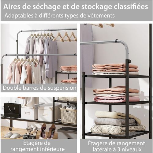 Portant à Vêtements Roulettes, 2 Tringles Réglables En 3 Hauteurs, Portant Vetement Solide (argent)