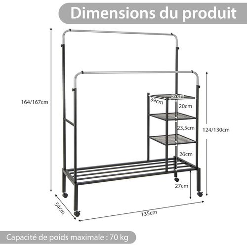 Portant à Vêtements Roulettes, 2 Tringles Réglables En 3 Hauteurs, Portant Vetement Solide (argent)